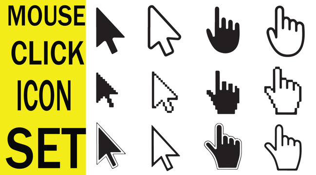 Mouse cursor, pointer, arrow, click, selection, digital interface, user experience, computer screen, technology, web design, UI UX element, isolated vector symbol, black