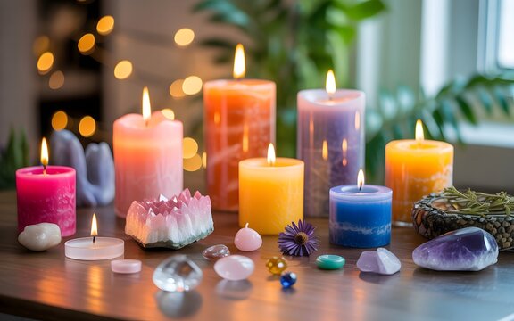 Assorted lit candles and crystals on a wooden surface with bokeh lights burning flame