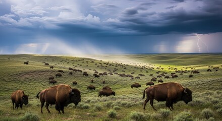 Majestic Bison Herd Grazing Under Dramatic Thunderstorm Sky with Lightning