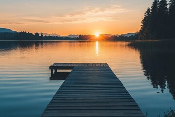 Fototapeta premium Calm sunrise over a lake with a wooden pier