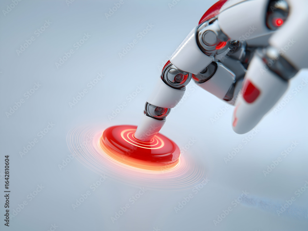 Poster a robotic hand gently touches a glowing red button, creating ripples of light, symbolizing technolog