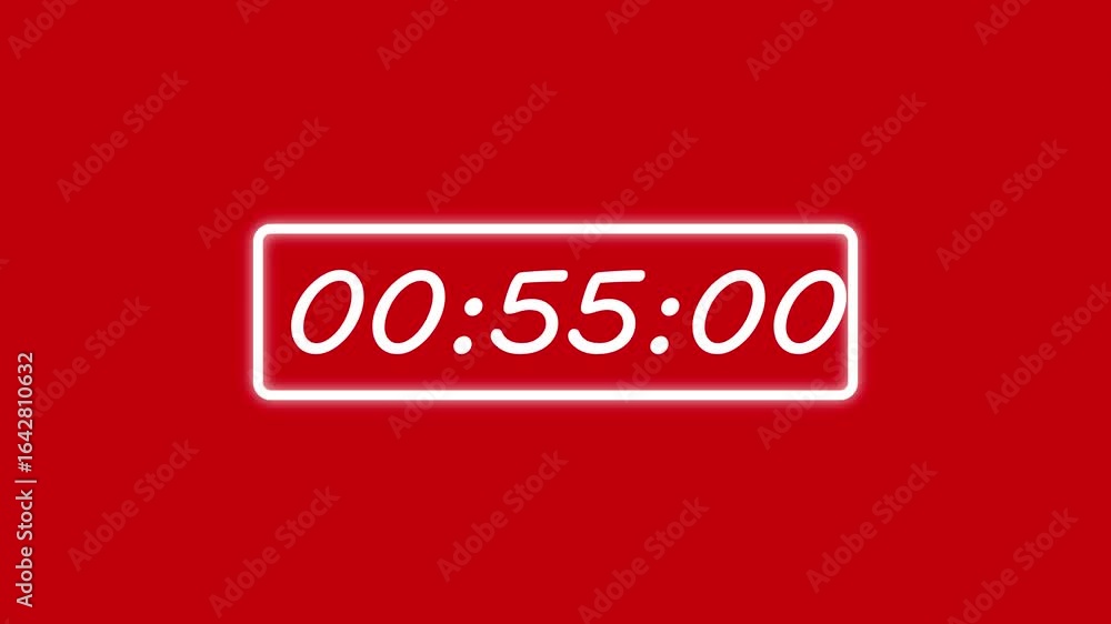 Poster one minute countdown animation from 60 seconds to 0 seconds on red background, one minute countdown 