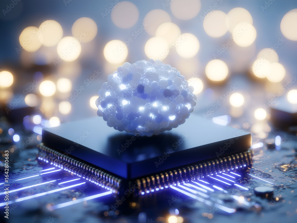 Poster a glowing, abstract representation of a cloud-like structure on a microchip, surrounded by shimmerin