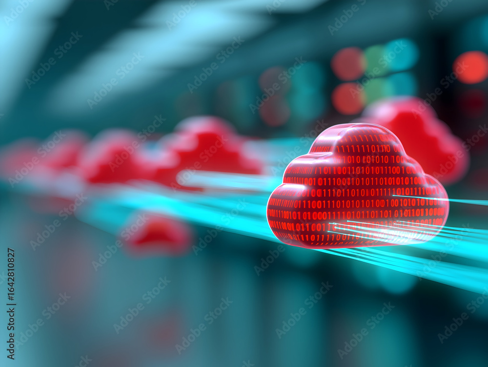 Poster a digital illustration of red cloud icons with binary code, symbolizing cloud computing and data tra