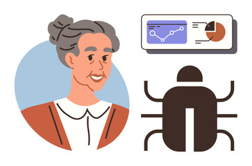Elderly woman with a kind expression, data chart showcasing analytics, and simple bug illustration. Ideal for STEM, programming, innovation, computing history, data science, research and coding
