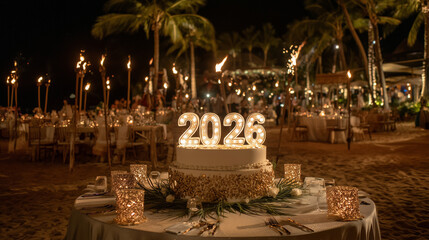 new year cake with candles on a decorated table in a festive room