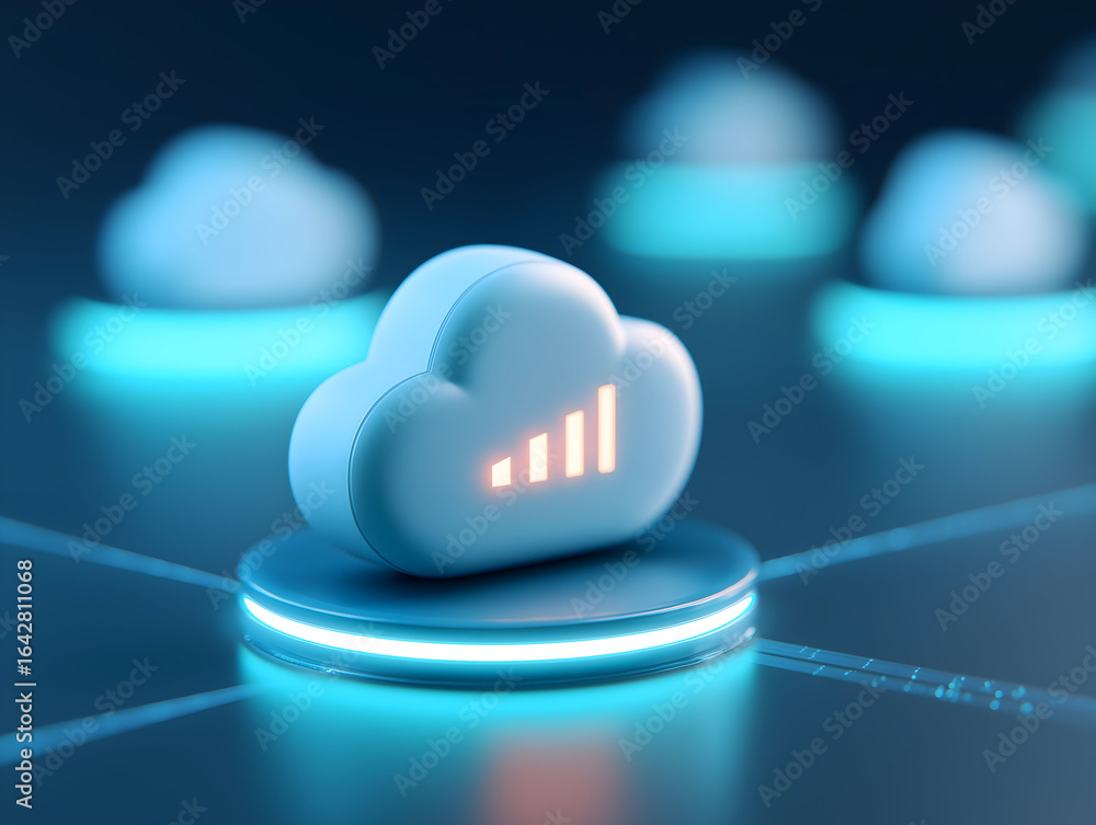 Poster a stylized cloud icon with signal bars, glowing in blue, representing cloud computing and connectivi