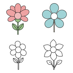 Four Simple Cartoon Flowers in Color and Black and White Line Art