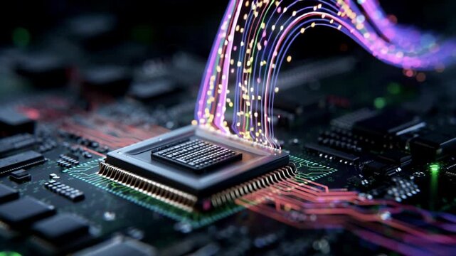 Dynamic arcs of glowing data above a microchip, representing advanced computing, real-time information flow, and the invisible power of modern digital systems