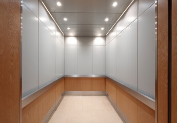 Obraz premium Modern elevator interior, light gray panels, light wood trim