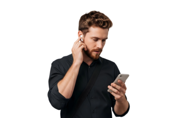 Curly hair man using smart phone , happy businessman using mobile phone man with phone and wireless earbud in ear isolate on white, transparent background