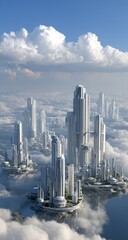 Futuristic city islands in clouds