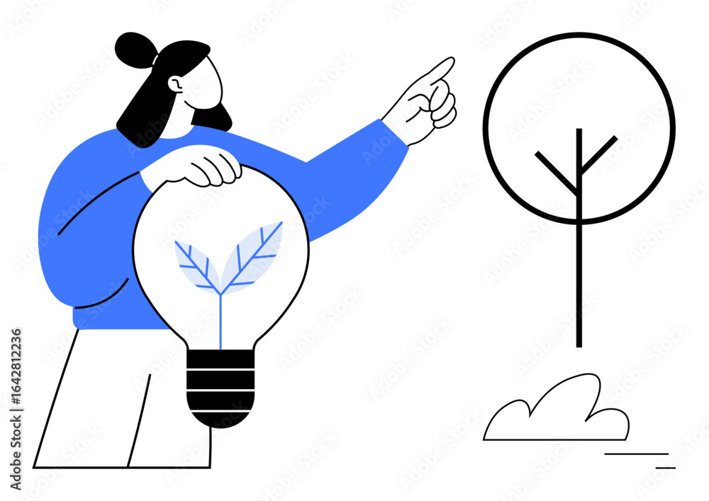 Poster man holding lightbulb with a leaf pattern, pointing at a simple tree. focus on sustainability, innov
