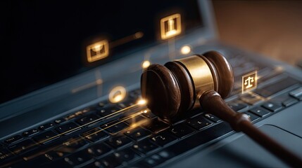 Gavel on laptop keyboard with digital icons