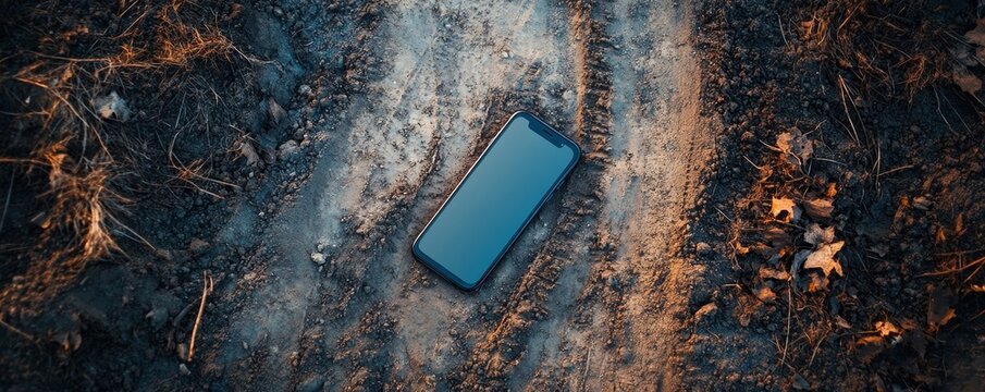 Overhead view of a mobile phone on a mountain bike path with tire tracks, symbolizing the intersection of technology and outdoor sports, Generative AI