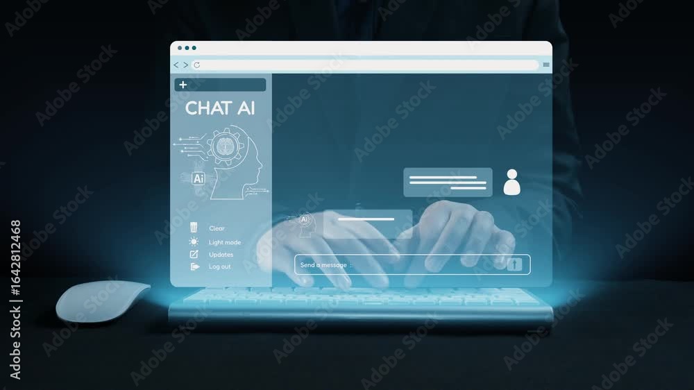 Aufkleber a futuristic scene featuring hands typing on a holographic interface with chat ai conversations. the