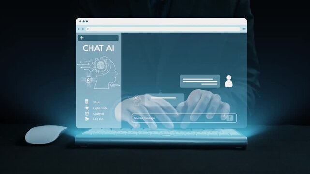 A futuristic scene featuring hands typing on a holographic interface with chat AI conversations. The dark background contrasts with the glowing digital elements, enhancing the technology theme. Qubit