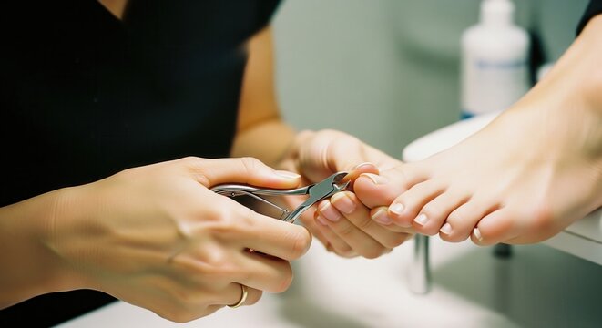 Professional pedicure treatment, trimming toenail with nippers