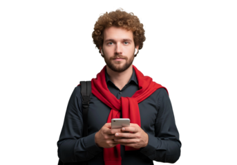 Curly hair man using smart phone , happy businessman using mobile phone man with curly hair holding a cellphone isolate on white, transparent background