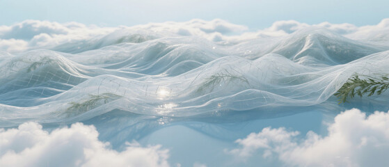 Light tulle fabric floating under the blue sky