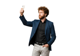 Curly hair man using smart phone , happy businessman using mobile phone man taking selfie with phone in blue suit isolate on white, transparent background