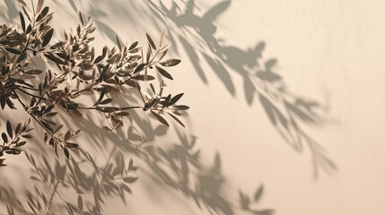 Olive branch shadows on beige wall