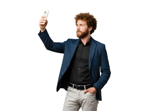 Curly hair man using smart phone , happy businessman using mobile phone man taking selfie with phone in blue suit isolate on white, transparent background