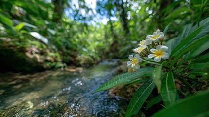 Tropical flowers by a clear stream. Lush greenery