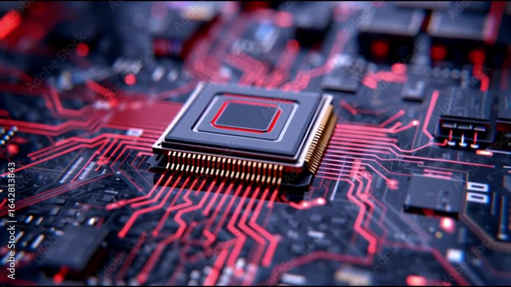 Poster cinematic close-up of a glowing microchip with red circuit lines, gold pins, and dynamic lighting, c