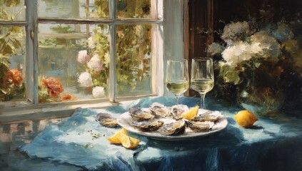 Fototapeta premium Still life with oysters and wine by window
