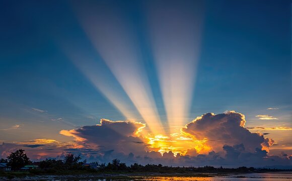 Dramatic sunset rays piercing through clouds over a tranquil body of water