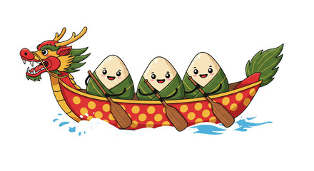 Three adorable rice dumplings joyfully race a colorful dragon boat, celebrating a cultural tradition.