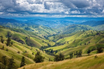 Rolling hills and valleys under dramatic sky
