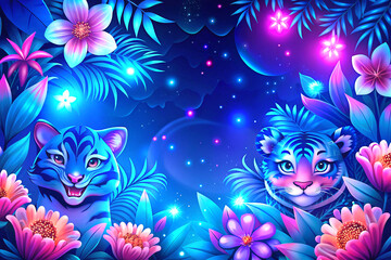 Obraz premium Blue young tigers,pink blooming flowers