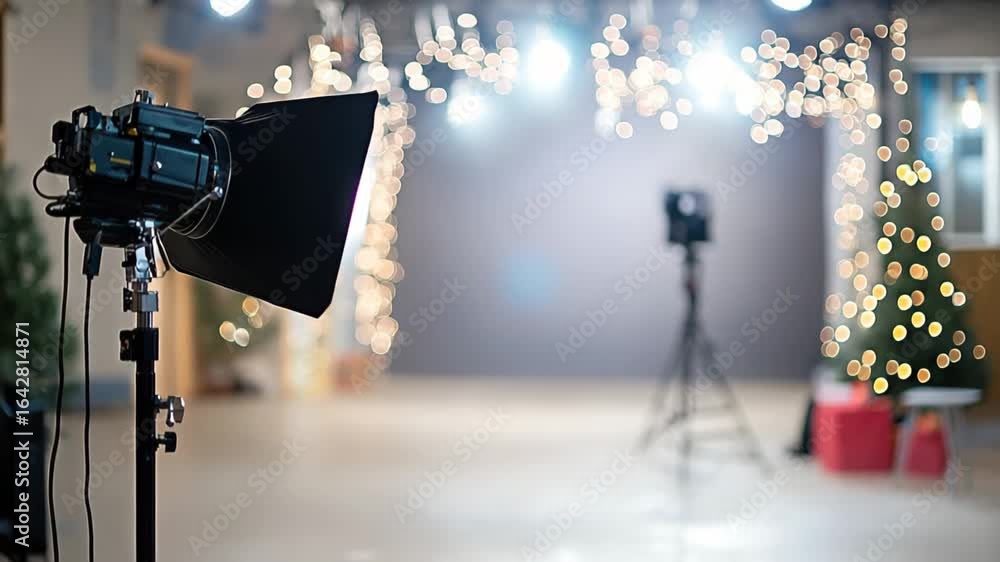 Poster professional camera on set with bokeh lights background