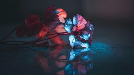 Vibrant leaves illuminated by contrasting light.