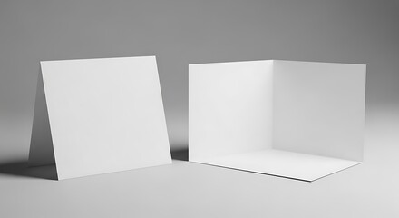 Two blank white greeting cards, one open and one closed, on a grey background