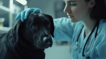 A veterinarian holding a black lab dog in a loving embrace.  Shows empathy, compassion, and connection between humans and animals.