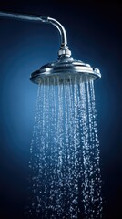 A chrome showerhead spraying water against a deep blue backdrop