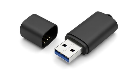 Black usb flash drive with cap removed, showing the blue usb 30 connector
