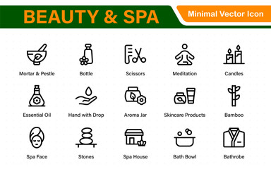 Beauty and spa outline icon set. Includes skincare, wellness, facial treatments, massage therapy, aromatherapy, cosmetics, grooming tools, and salon essentials.
