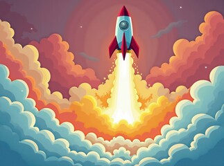 A stylized vector rocket launches into a vivid cloudscape conveying ambition and innovation.