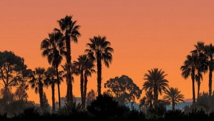 Silhouettes of palm trees against a sunset