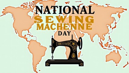 National Sewing Machine Day with a vintage sewing machine illustration, recognizing its worldwide influence on fashion, textiles, and craftsmanship.