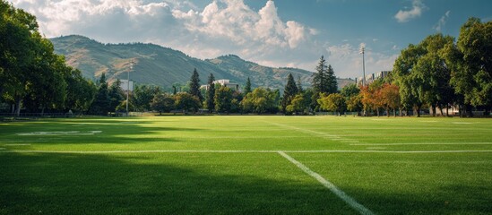 Lush green field with mountains in the background
