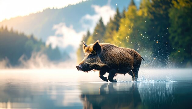 Wild Boar Running in Lake with Forest Background, and Sunrise. - Powered by Adobe