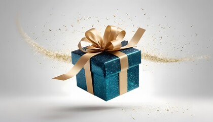 Floating Teal Gift Box with Gold Ribbon and Confetti Burst