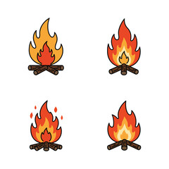 Collection of Cartoon Bonfires with Flames and Wood Logs for Camping