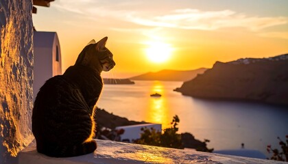 A tabby cat sits on a white wall, gazing at a vibrant sunset over a calm sea and distant hills