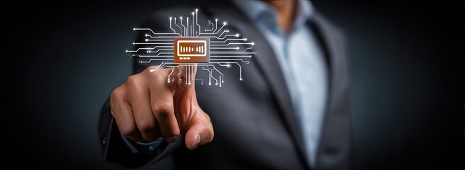 Businessman's finger points to a holographic circuit